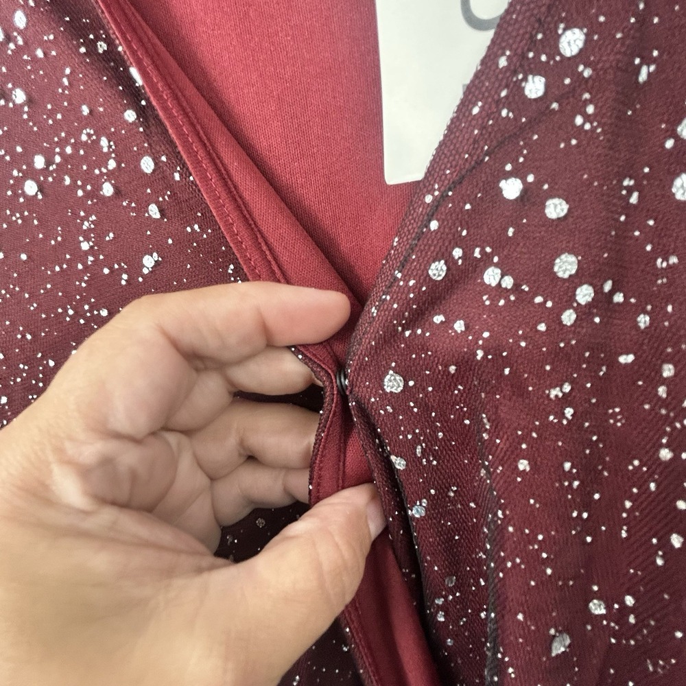 NWT BloomChic 18/20 Burgundy Glitter Mesh Midi Dress Surplice Long Sleeve Belt - Picture 6 of 9
